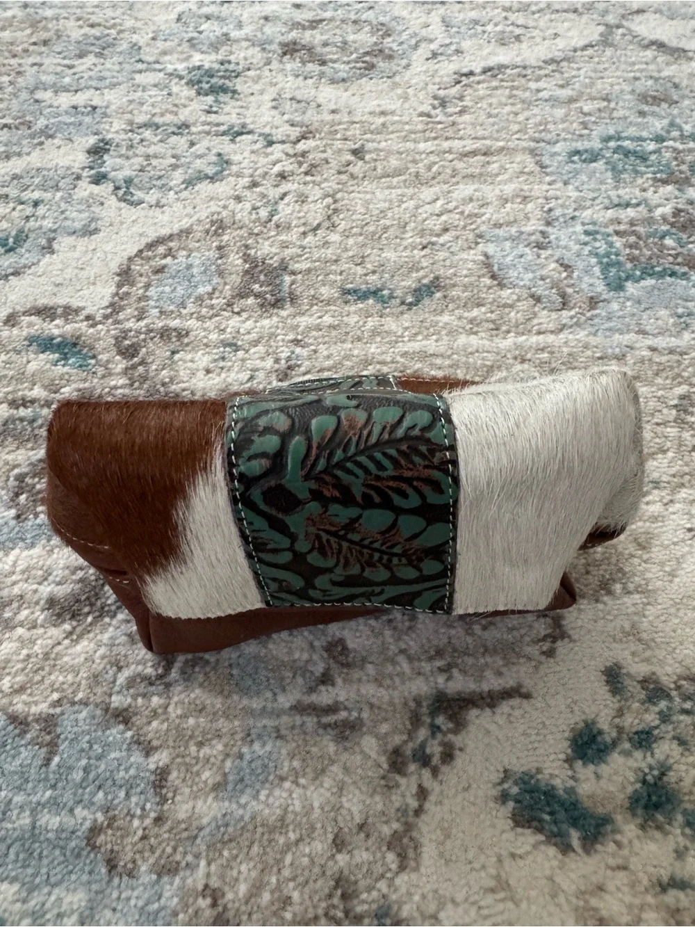 Western Cowhide Leather Cosmetic Makeup Bag Pouch Brown White Tooled Accent